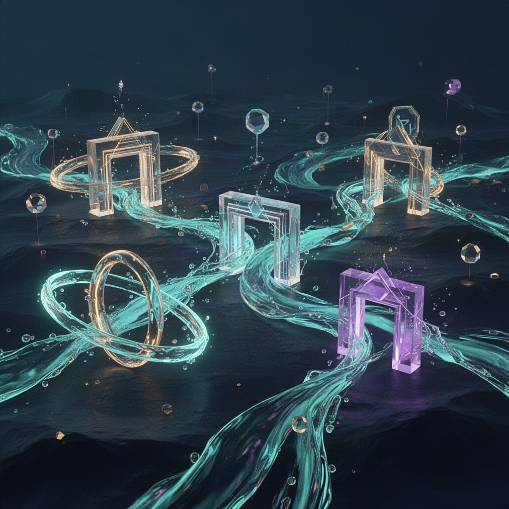 Abstract visualization of tokens moving between separate blockchain networks through connected liquidity pools